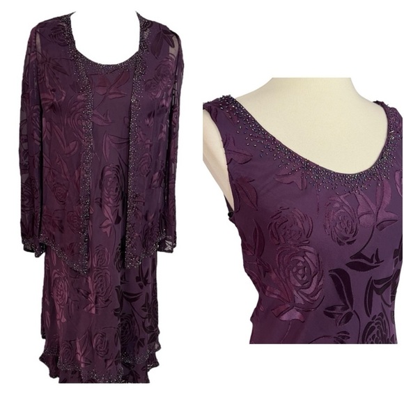 Mon Cheri Beaded Sequined Purple Silk Chiffon Formal Gown Maxi Dress w/ Jacket - Picture 1 of 15